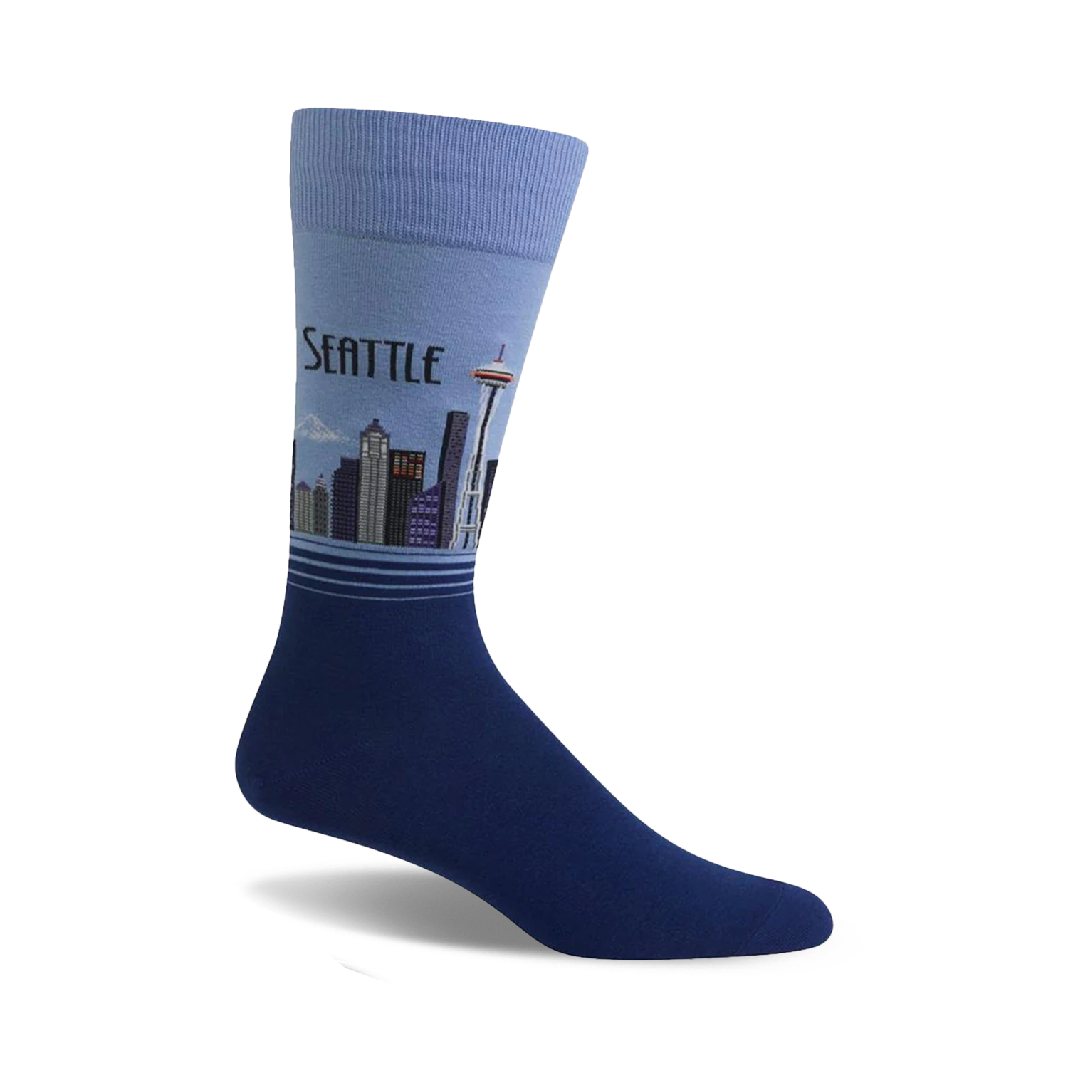 Crew socks in light and dark blue shades, featuring a Seattle skyline graphic including the Space Needle.
