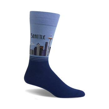 blue crew socks with pattern of seattle skyline in various shades of blue.   