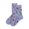 Product shot of light purple crew socks with hummingbirds and flowers.