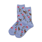 Product shot of light purple crew socks with hummingbirds and flowers.