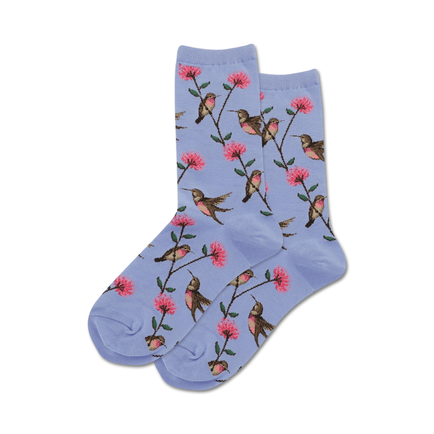 Product shot of light purple crew socks with hummingbirds and flowers.