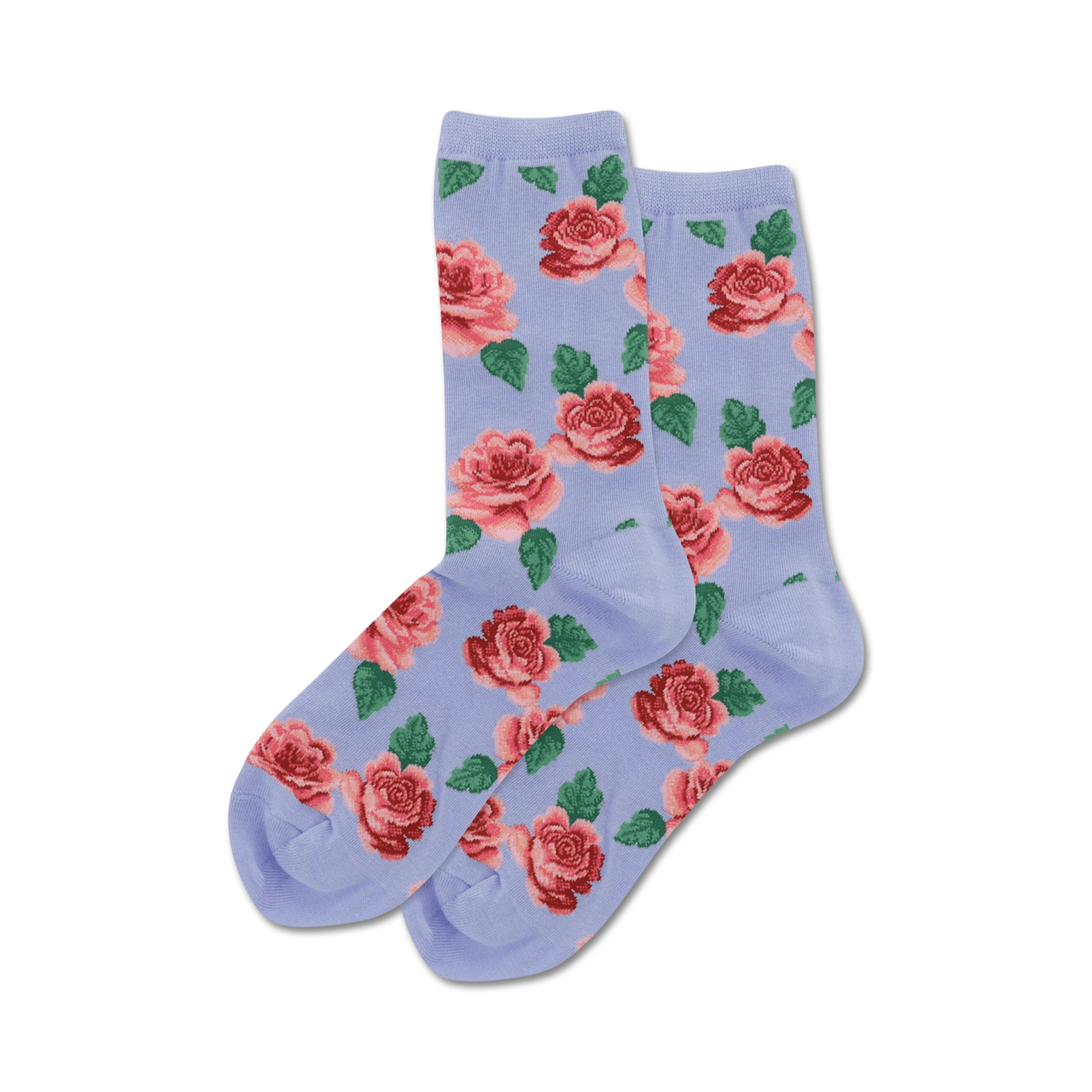 Lifestyle product shot showing the lavender rose print socks on a model's feet.