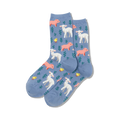 Pair of blue crew socks featuring a pattern of lambs, piglets, and chicks on a leafy background.