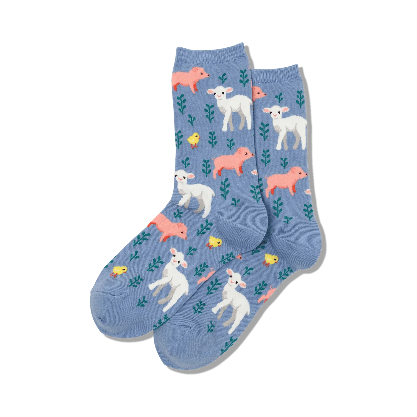 Pair of blue crew socks featuring a pattern of lambs, piglets, and chicks on a leafy background.