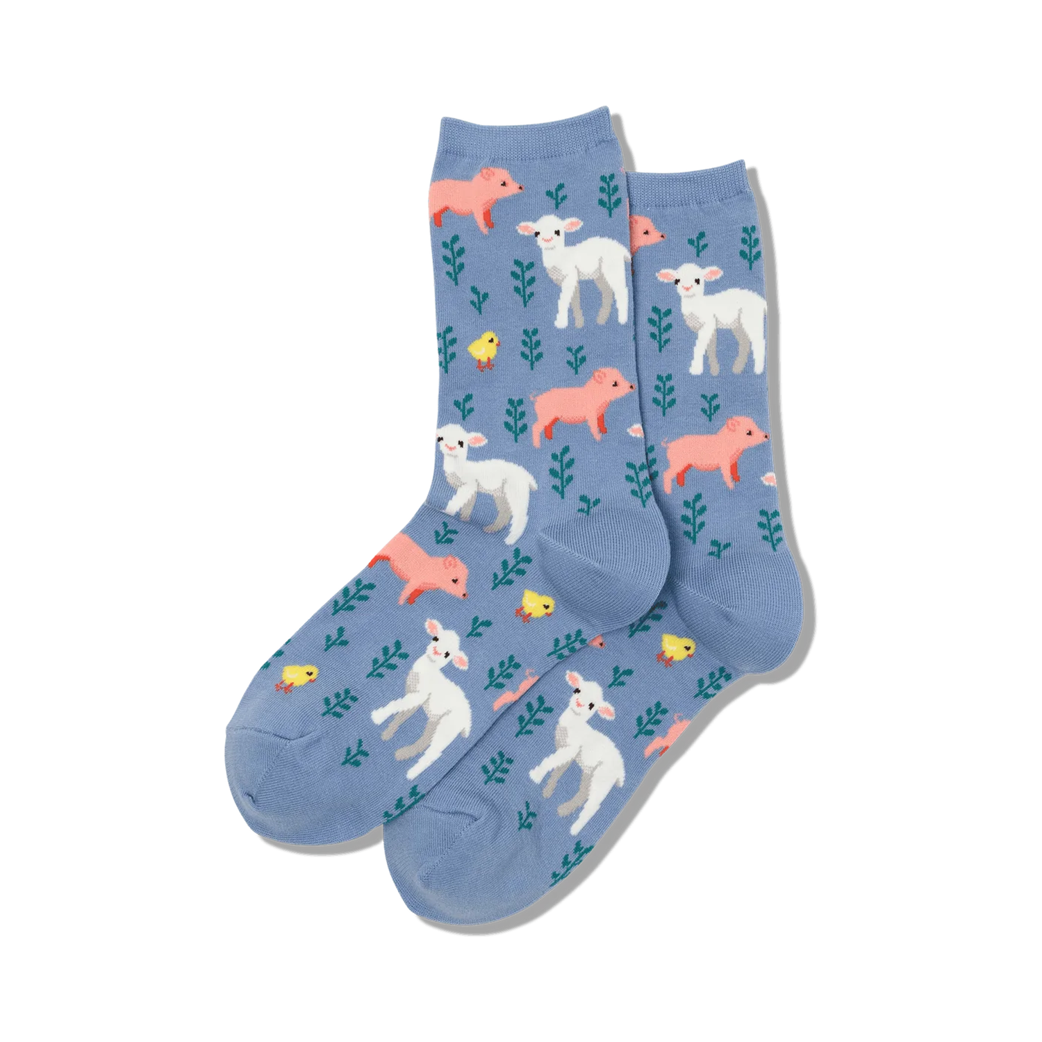 Pair of blue crew socks featuring a pattern of lambs, piglets, and chicks on a leafy background.