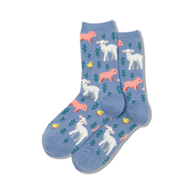 crew length women's socks featuring pink pigs, white lambs, and yellow chicks wearing green wreaths.  