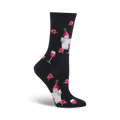 Black crew socks with a fun pattern of pink roses, rosé wine bottles in an ice bucket, and wine glasses. 