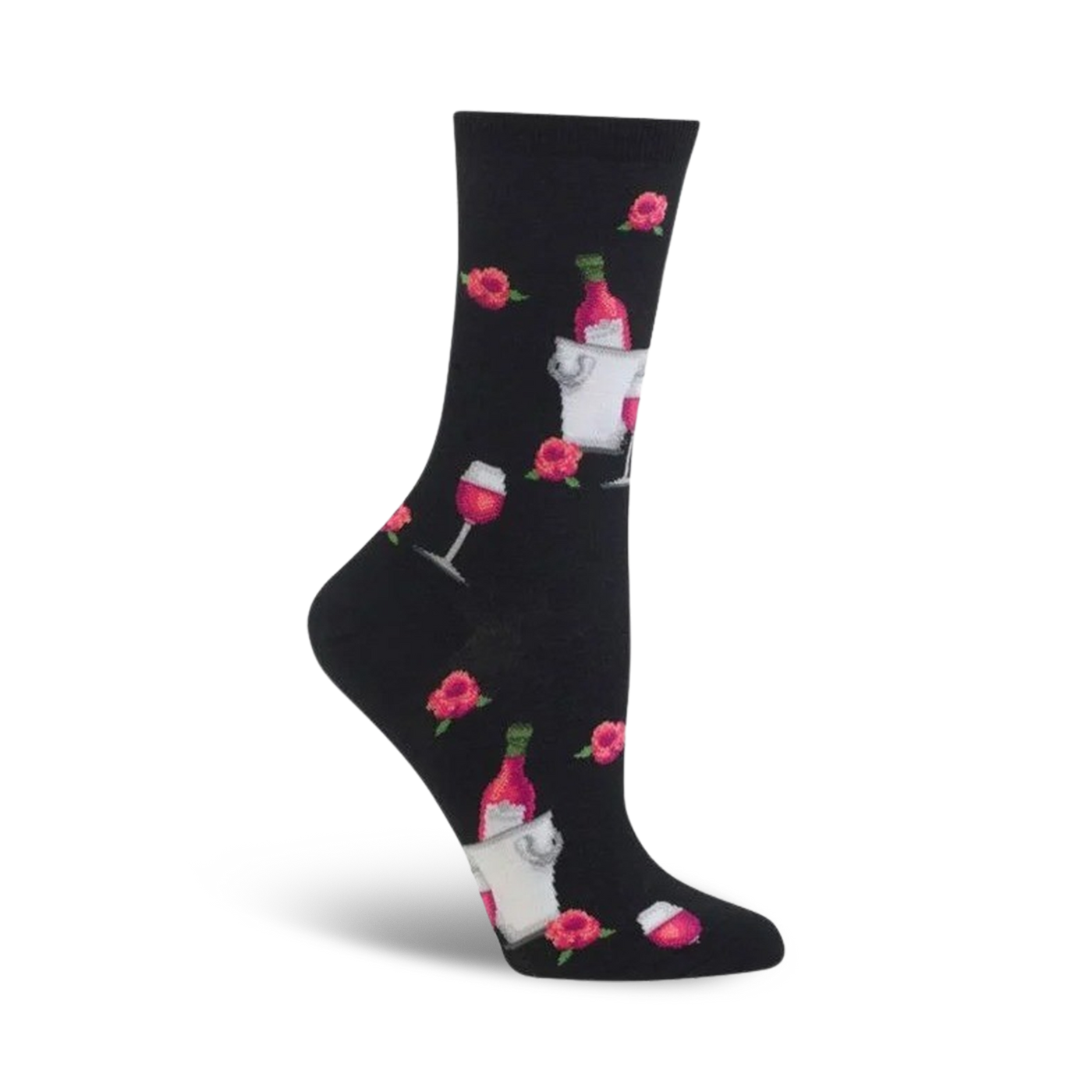 Black crew socks with a fun pattern of pink roses, rosé wine bottles in an ice bucket, and wine glasses. 