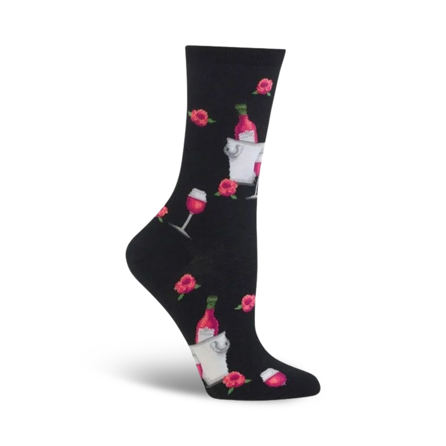 Black crew socks with a fun pattern of pink roses, rosé wine bottles in an ice bucket, and wine glasses. 