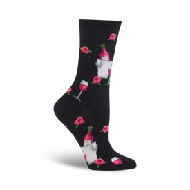 women's black crew socks with pink roses, white wine glasses, and pink wine bottles in ice buckets.   