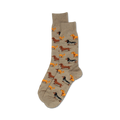 Pair of taupe crew socks with an all-over print of orange, brown, and black dachshunds.