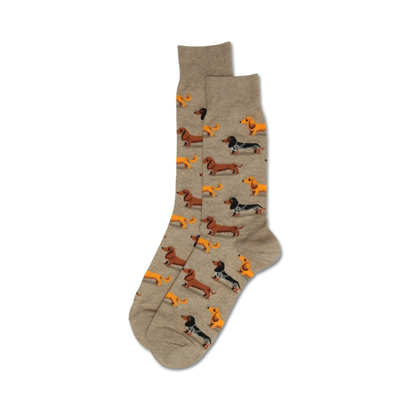 Pair of taupe crew socks with an all-over print of orange, brown, and black dachshunds.