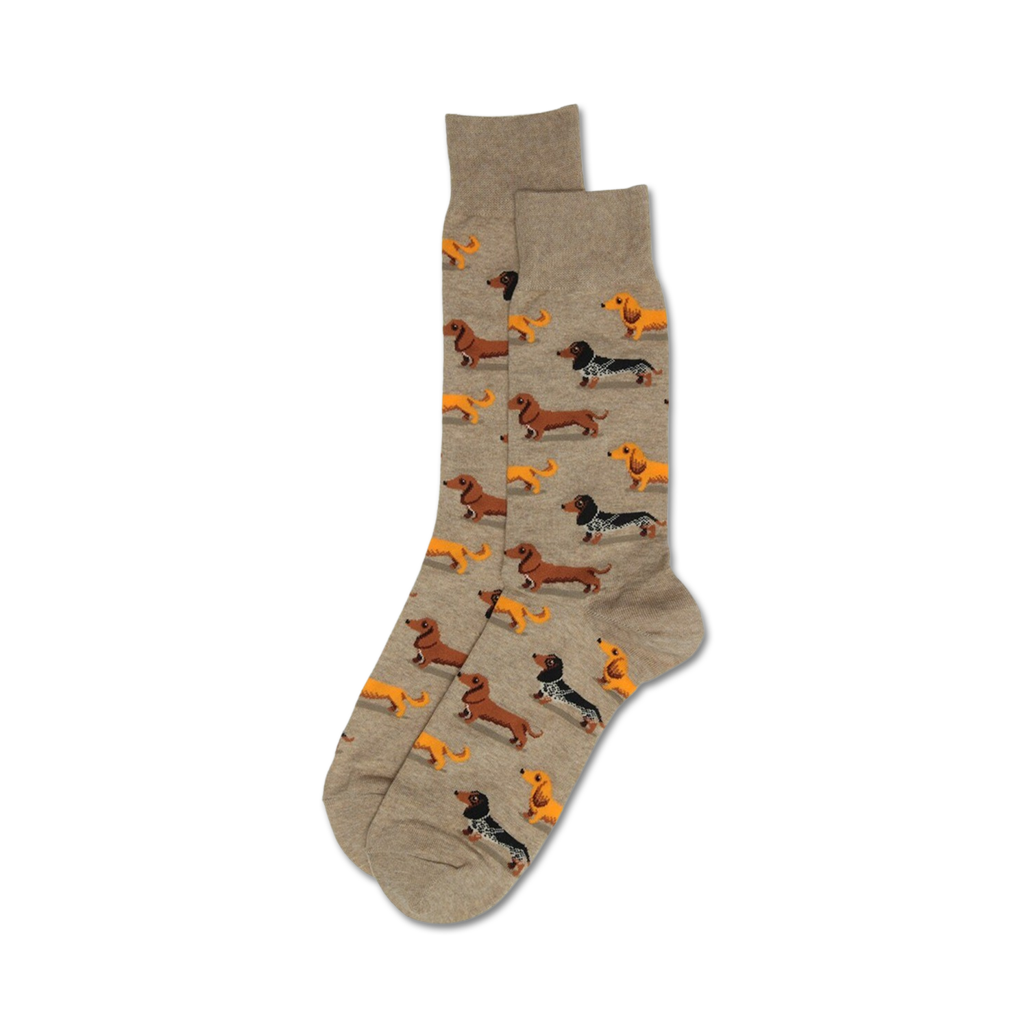 Pair of taupe crew socks with an all-over print of orange, brown, and black dachshunds.