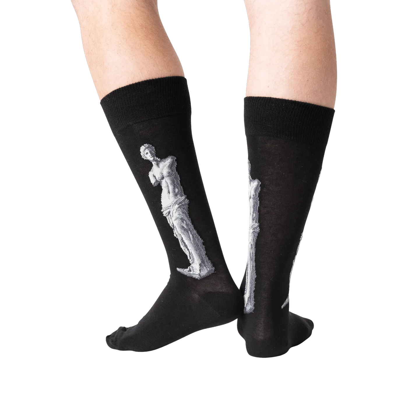 Back view of the Venus de Milo socks on a person's legs, showing the full design on the back of each sock.