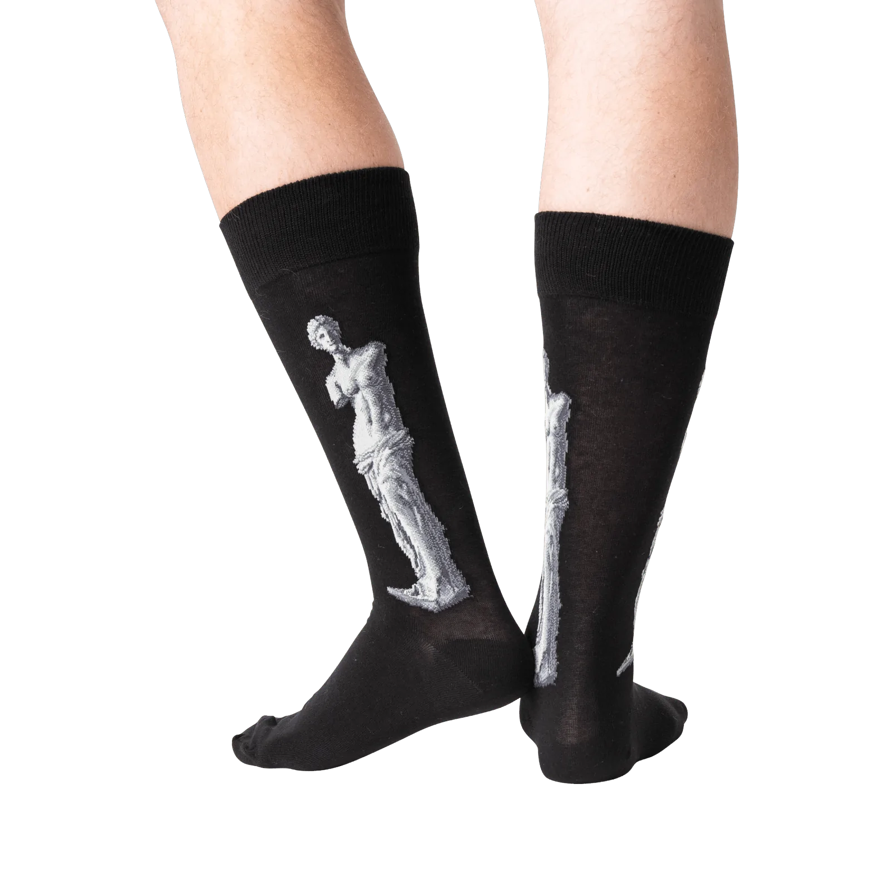 Back view of the Venus de Milo socks on a person's legs, showing the full design on the back of each sock.