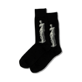 Pair of black crew socks featuring a grayscale image of the Venus de Milo statue on each sock.