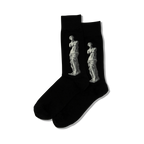 Pair of black crew socks featuring a grayscale image of the Venus de Milo statue on each sock.