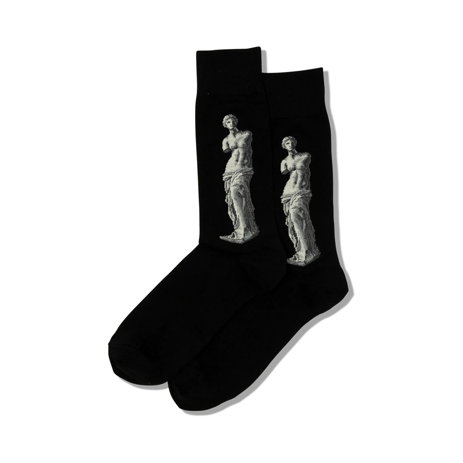 Pair of black crew socks featuring a grayscale image of the Venus de Milo statue on each sock.