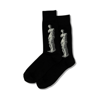 black crew socks featuring a pattern of the armless venus de milo statue.  