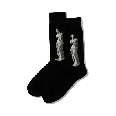 black crew socks featuring a pattern of the armless venus de milo statue.  