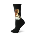 Black crew sock with a detailed portrait of a young woman's profile, showing her auburn hair, feather, and white gown.