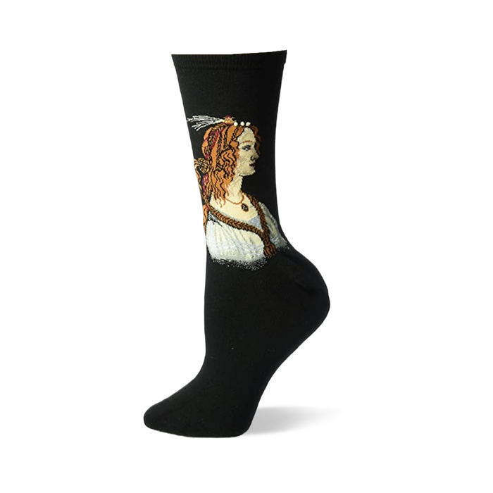 Black crew sock with a detailed portrait of a young woman's profile, showing her auburn hair, feather, and white gown. }}