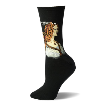 Black crew sock with a detailed portrait of a young woman's profile, showing her auburn hair, feather, and white gown.
