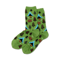 Pair of crew socks; green background with illustrated bears, tents, and pine trees. 