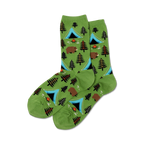 Pair of crew socks; green background with illustrated bears, tents, and pine trees. 