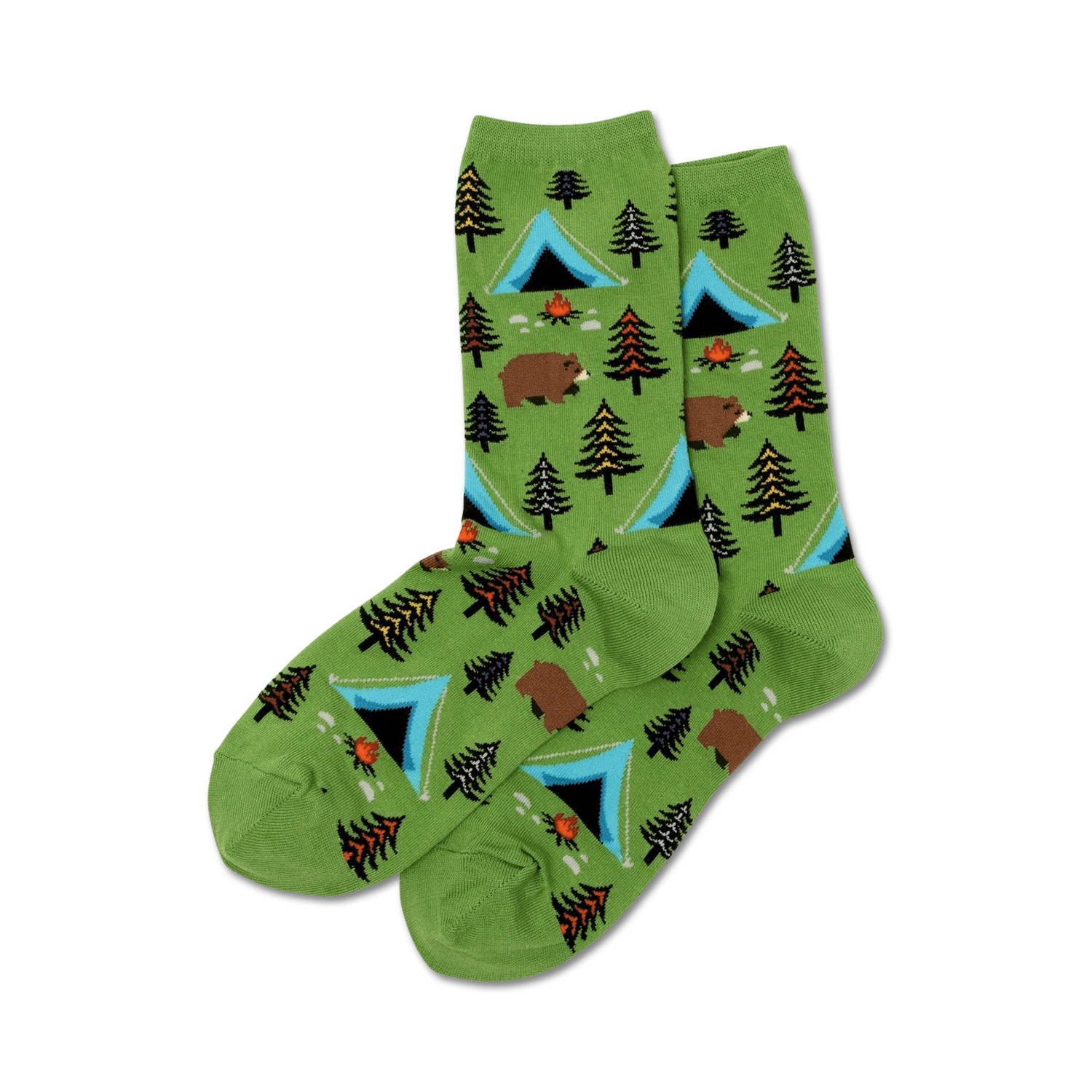 Pair of crew socks; green background with illustrated bears, tents, and pine trees. 
