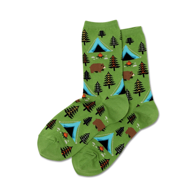 womens crew length cartoon bear, tent, pine tree, and campfire socks for camping.  