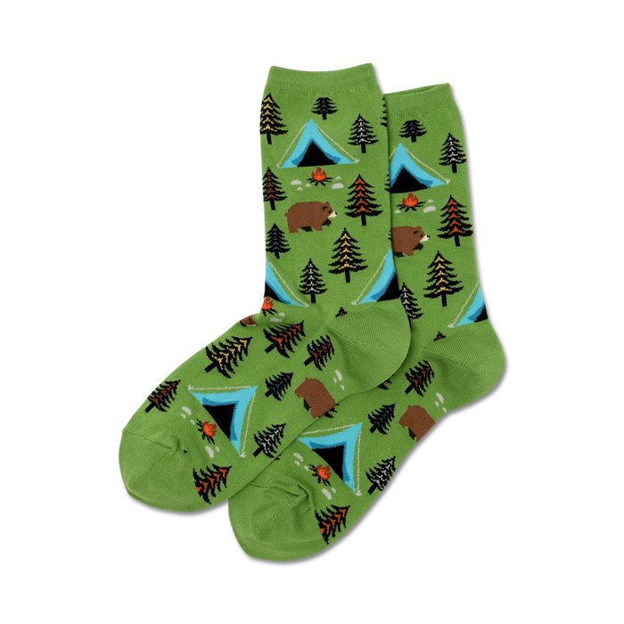 womens crew length cartoon bear, tent, pine tree, and campfire socks for camping.  