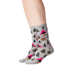 Lifestyle shot: Person wearing grey Bear Tent socks.