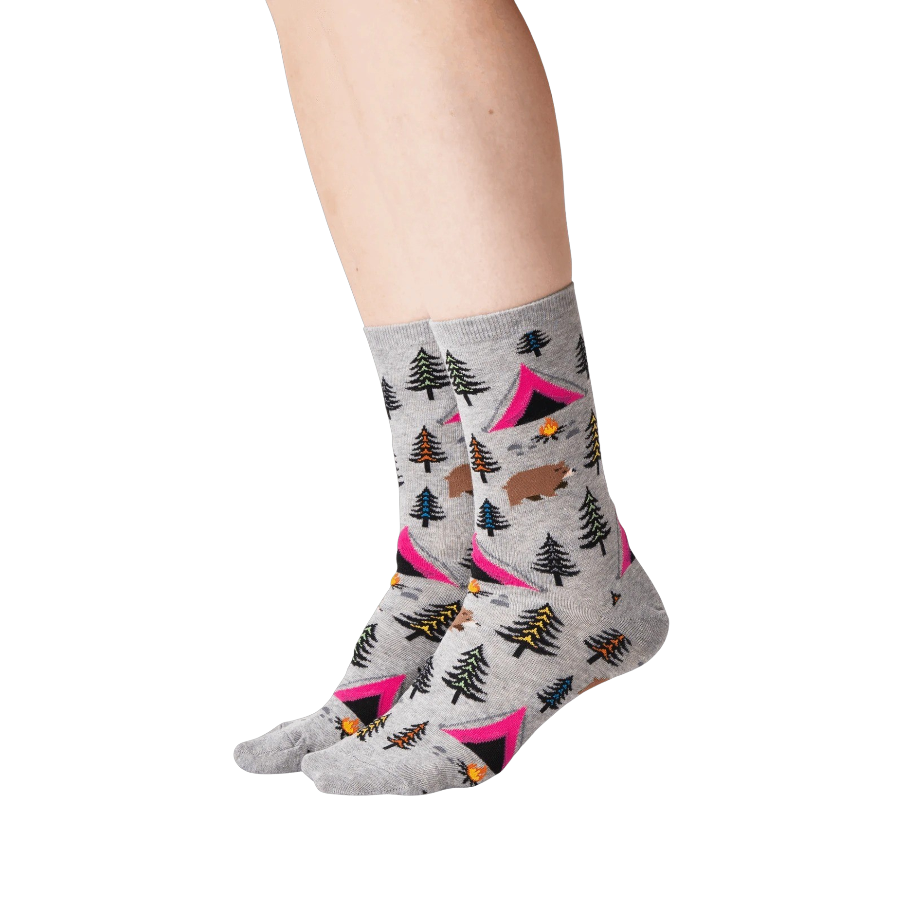 Lifestyle shot: Person wearing grey Bear Tent socks.