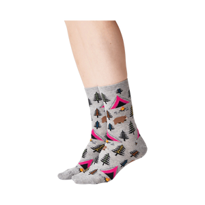 Lifestyle shot: Person wearing grey Bear Tent socks.