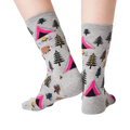 Back view of grey Bear Tent socks on a person's legs.