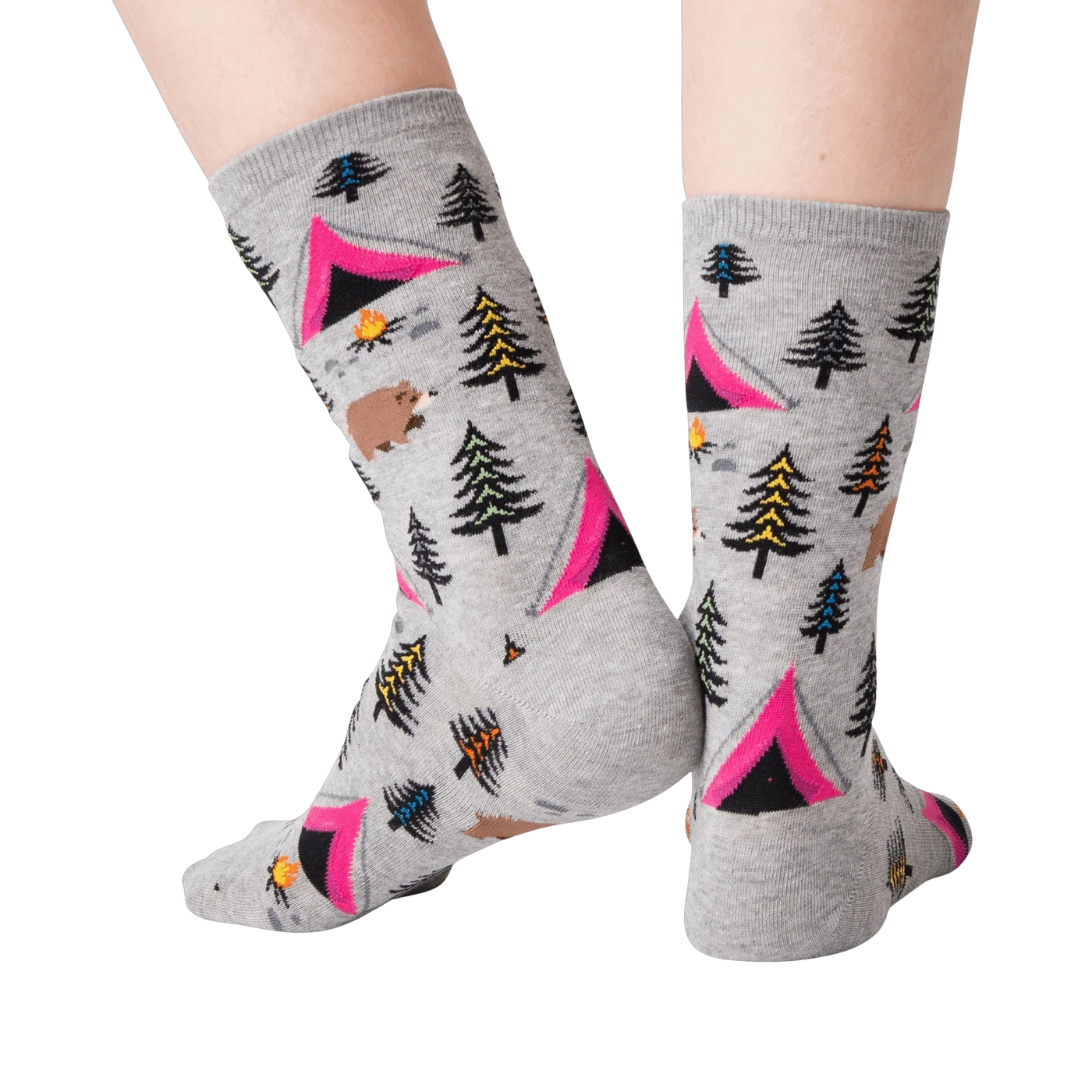 Back view of grey Bear Tent socks on a person's legs.