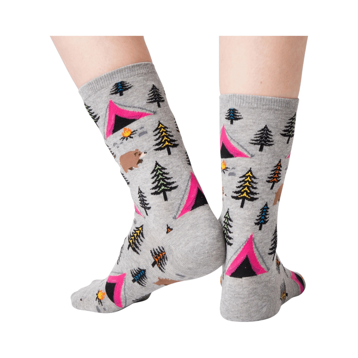 Back view of grey Bear Tent socks on a person's legs.