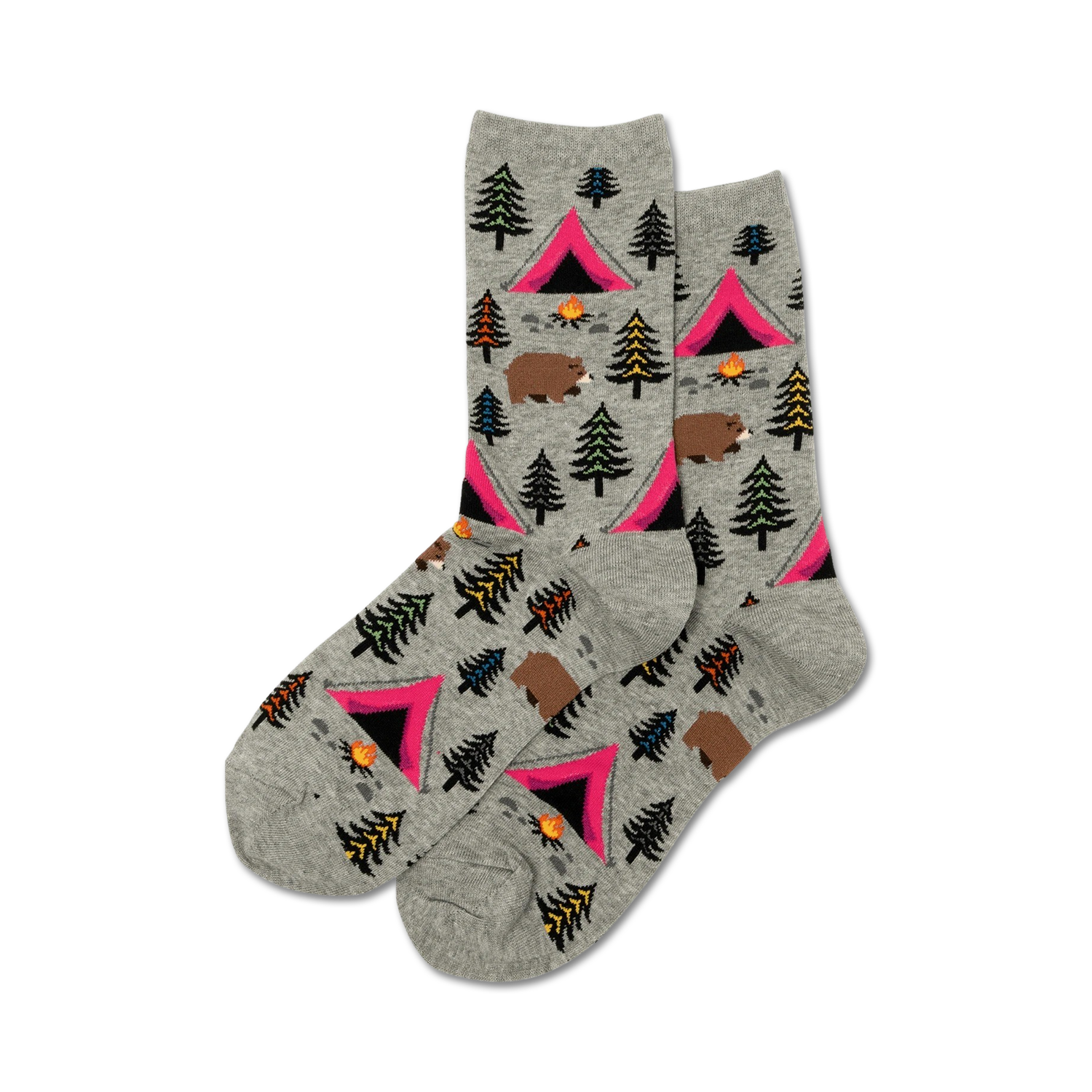 Pair of grey crew socks with pink tents, bears, and trees. 