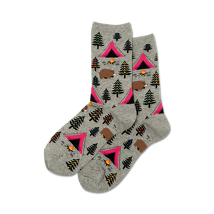 gray bear tent socks with pink triangle tents, green pine trees, brown bears, and a campfire pattern. for women's crew socks.  