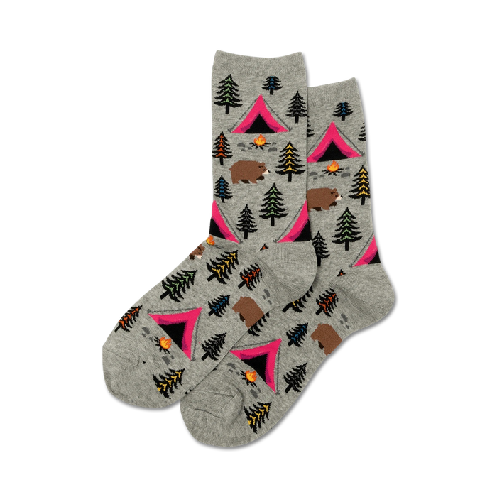 gray bear tent socks with pink triangle tents, green pine trees, brown bears, and a campfire pattern. for women's crew socks.  