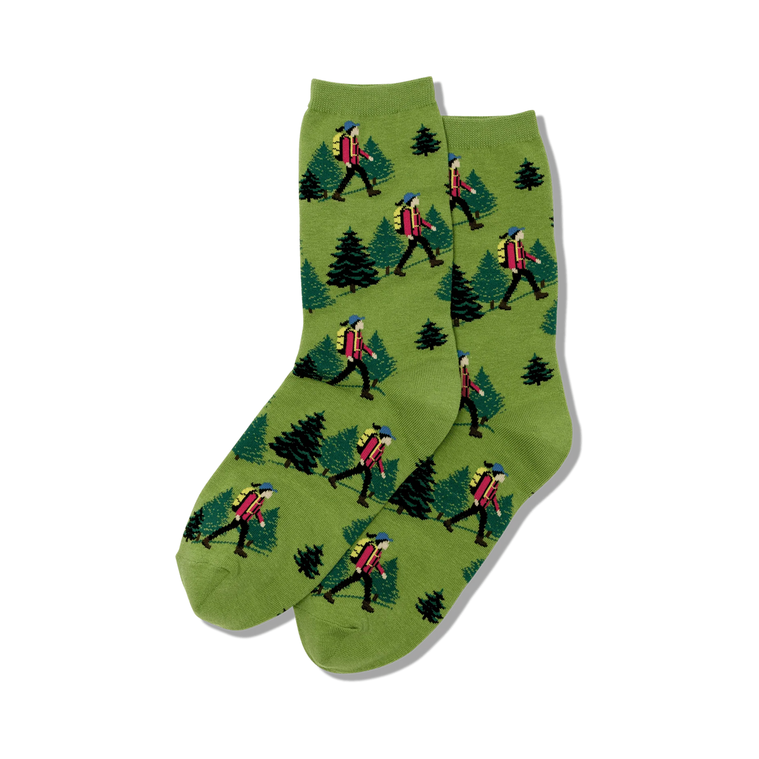 Pair of crew socks; olive green with repeating pattern of hikers and evergreen trees.