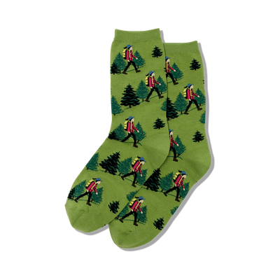Pair of crew socks; olive green with repeating pattern of hikers and evergreen trees.