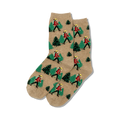 Lifestyle shot: A pair of tan Hiker socks on a wooden surface, showcasing the socks' design and color.