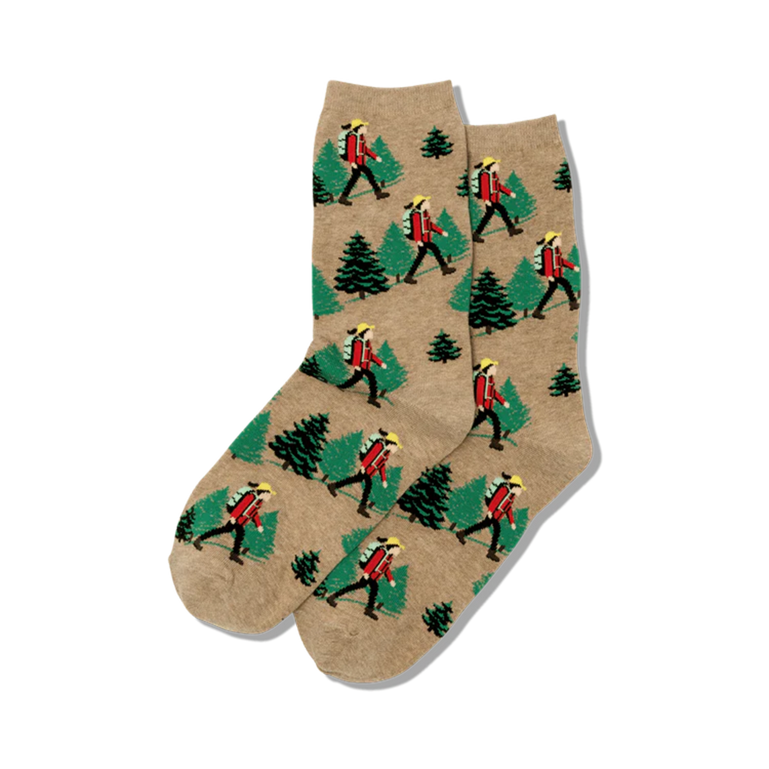 Lifestyle shot: A pair of tan Hiker socks on a wooden surface, showcasing the socks' design and color.