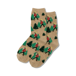 womens brown crew socks, hiking pattern, red shirts, green trees   