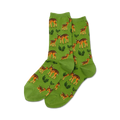 Pair of green crew socks with an all-over print of orange mother and baby deer and green ferns.