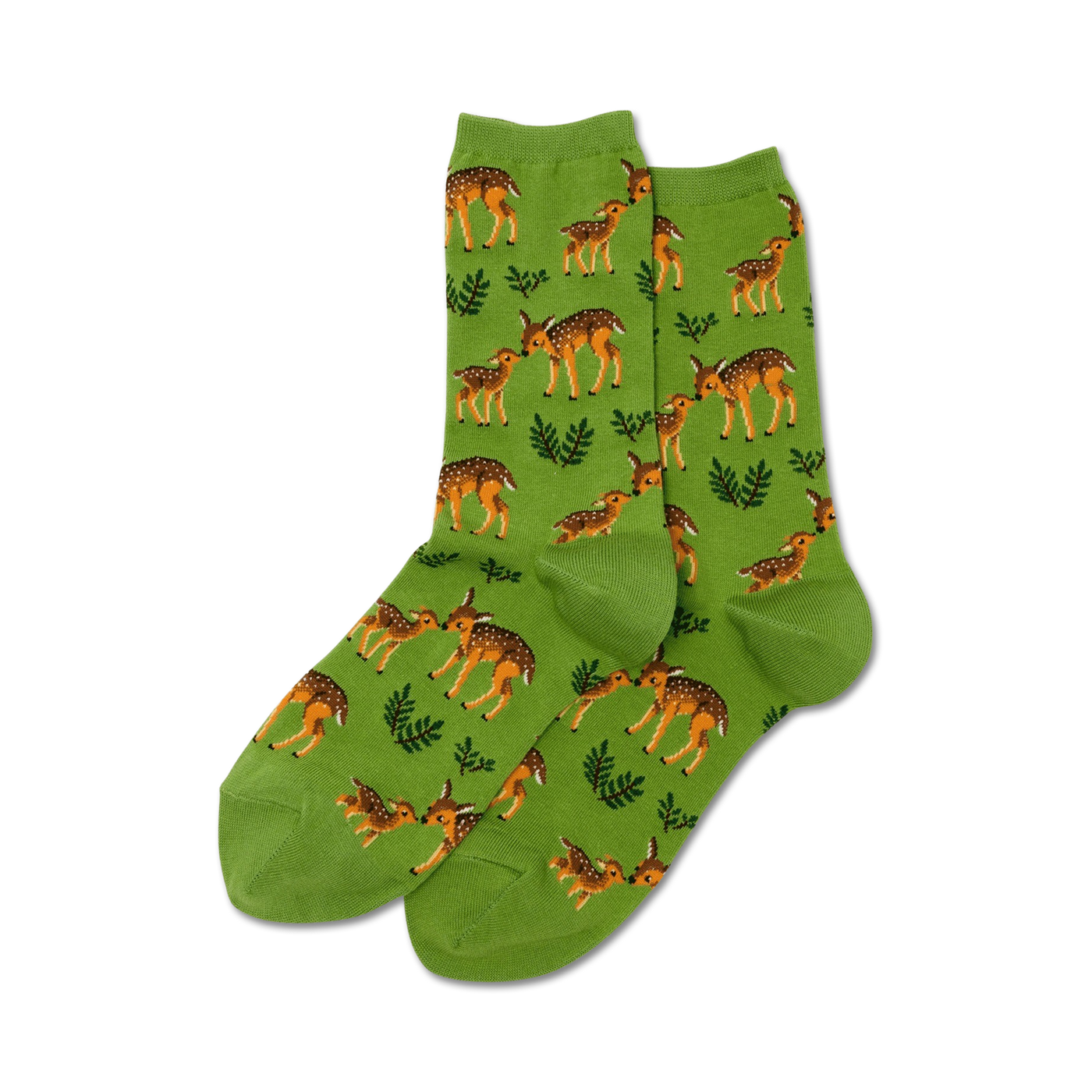 Pair of green crew socks with an all-over print of orange mother and baby deer and green ferns.