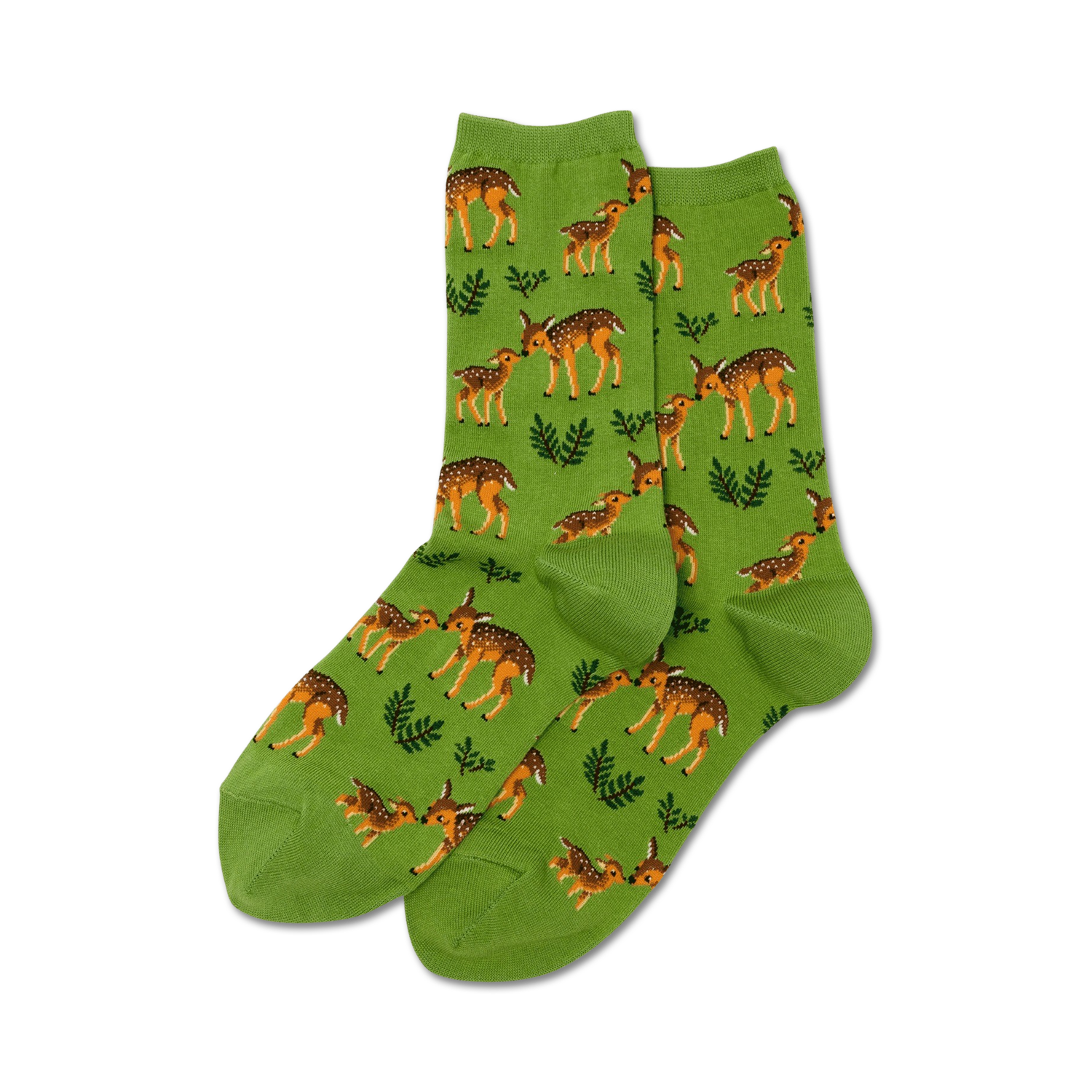 Pair of green crew socks with an all-over print of orange mother and baby deer and green ferns.