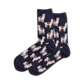 Pair of crew socks, navy blue with a pattern of white llamas wearing colorful saddles.